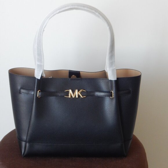 Michael Kors REED Leather Large Belted Tote Shoulder Bag Black NWT - Picture 1 of 14
